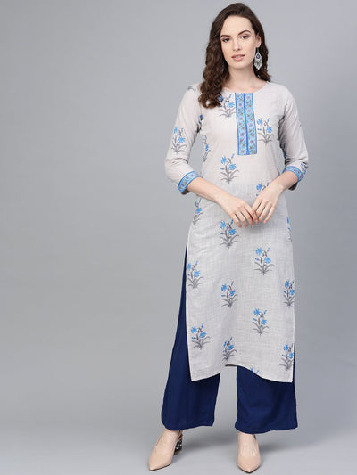 Off-White Floral Printed Kurta With round neck & 3/4 sleeves