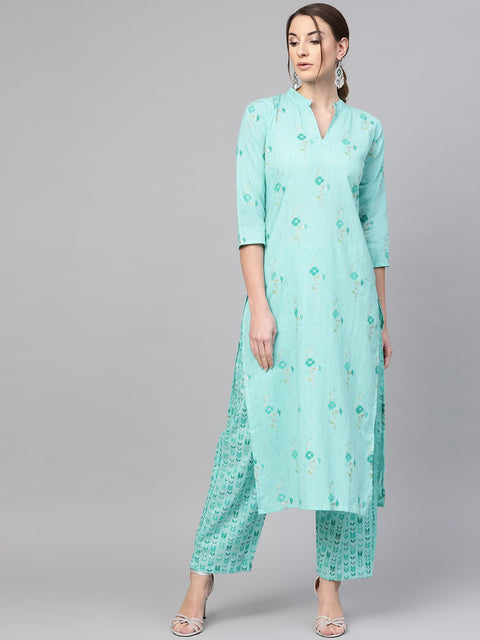 Turquoise Blue Gold printed Kurta set with Pants