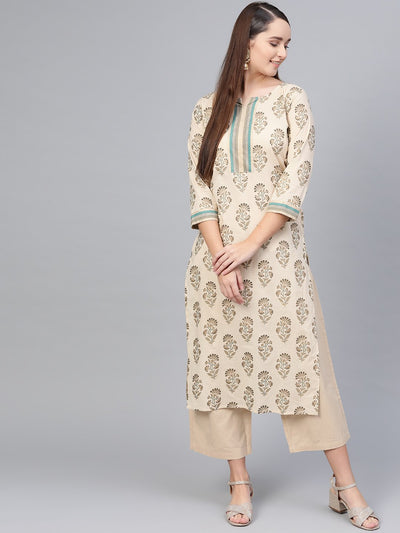 Cream Printed Straight Kurta with Round neck with V Slit & 3/4 sleeves