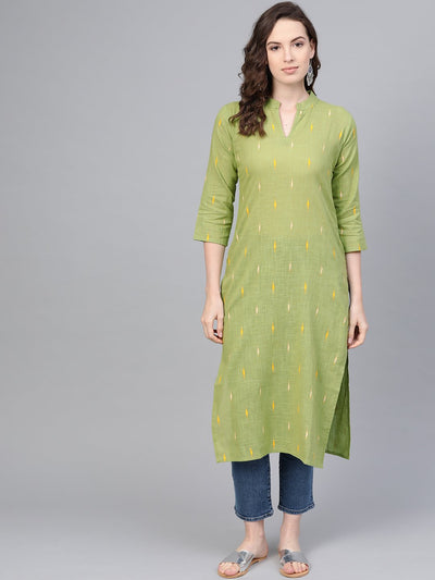 Pickle Green Straight kurta with Mandarin collar & 3/4 sleeves