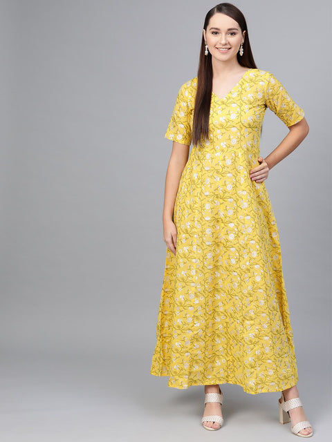 Yellow Multi colored Floral printed maxi dress with V neck & 3/4 sleeves