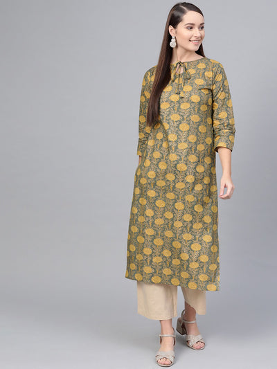 Moss green & yellow printed Straight kurta with Keyhole neck & 3/4 sleeves