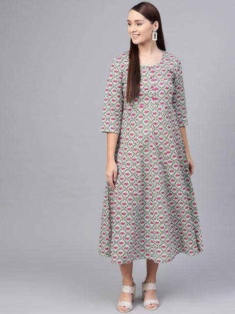 Pastel Green & Megenta Floral printed Maxi with Boat neck & 3/4 sleeves