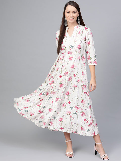 Off-White Multi colored Floral printed Maxi dress with Mandarin collar & 3/4 sleeves