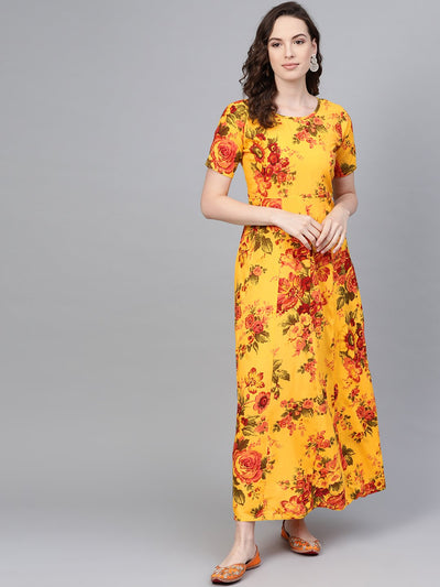 Yellow Multi colored floral printed Maxi dress with Round neck & 3/4 sleeves