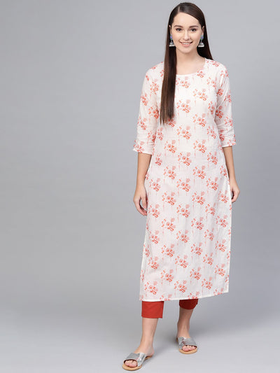 White & Orange Printed Straight kurta with Round Neck & 3/4 sleeves