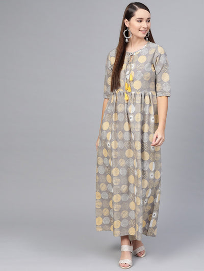Grey multi colored Printed Maxi dress with keyhole neck & half sleeves