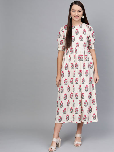 Off-White Multi Colored Buta print Maxi Dress with Round neck & detailed Sleeves