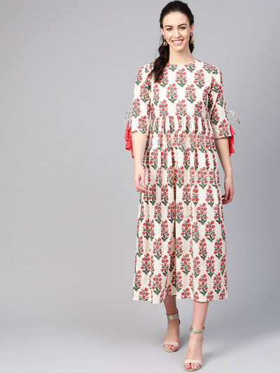 AASI - HOUSE OF NAYO Women White & Coral Floral Maxi Dress