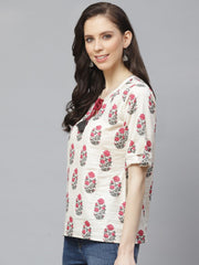 Women Off White & Pink A-Line Floral Printed Tie-Up Neck Top