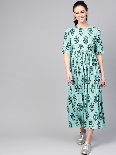 Women Turquoise Blue & Green Floral Printed Maxi Dress