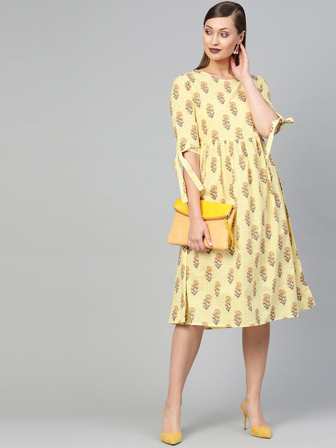 Women Yellow & Brown Floral Printed A-Line Dress