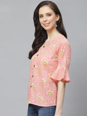 Women Pink & Mustard Regular Floral Printed V-Neck Top
