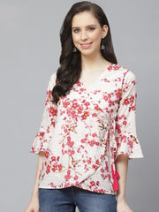 Women Off White & Pink Wrap Floral Printed V-Neck Top