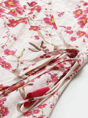 Women Off White & Pink Wrap Floral Printed V-Neck Top