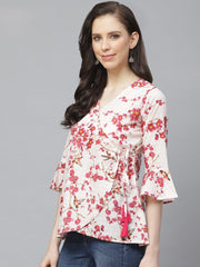 Women Off White & Pink Wrap Floral Printed V-Neck Top