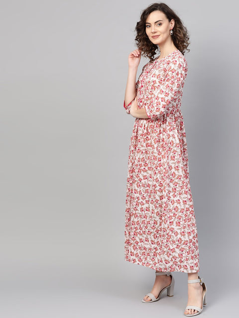Women White & Pink Floral Printed Maxi Dress