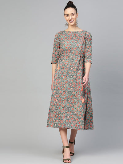 Women Green & Peach Floral Printed A-Line Dress