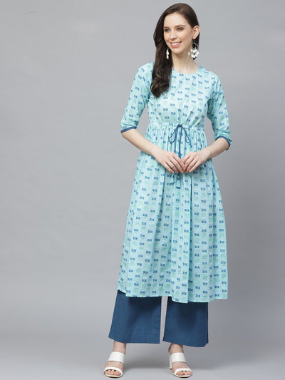 Women A-Line Waist Tie-up Blue Printed kurta & Palazzo Set