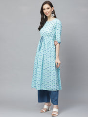 Women A-Line Waist Tie-up Blue Printed kurta & Palazzo Set