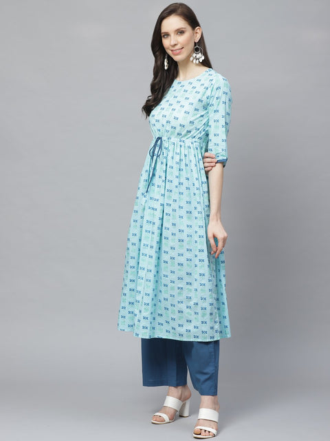 Women A-Line Waist Tie-up Blue Printed kurta & Palazzo Set