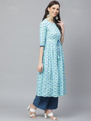 Women A-Line Waist Tie-up Blue Printed kurta & Palazzo Set
