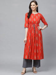 Women A-Line Waist Tie-up Red & Gold Printed kurta & Palazzo Set