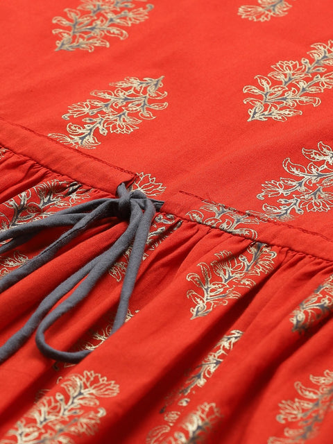 Women A-Line Waist Tie-up Red & Gold Printed kurta & Palazzo Set