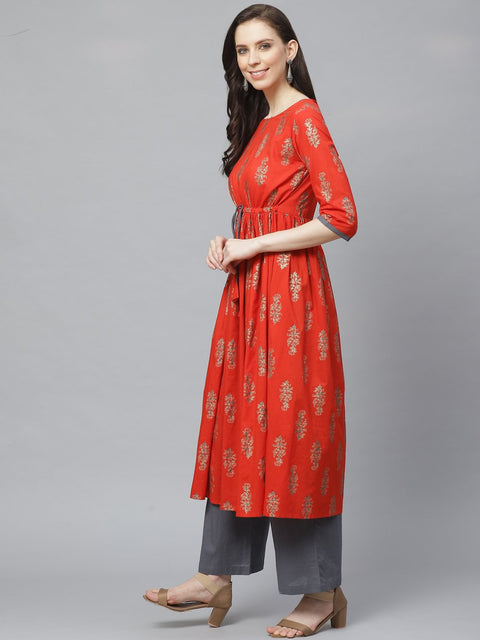 Women A-Line Waist Tie-up Red & Gold Printed kurta & Palazzo Set