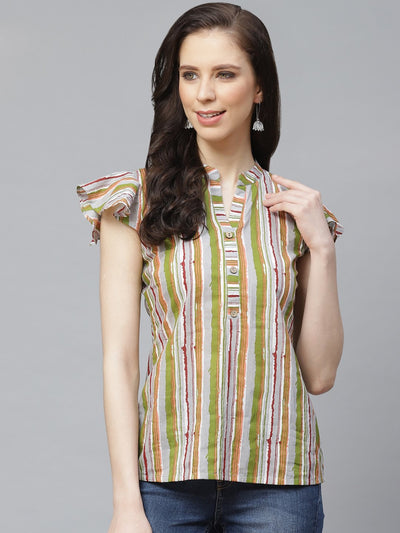 Women Grey & Multi Regular Vertical Stripes Mandarin Collar Top