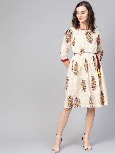 AASI - HOUSE OF NAYO Women Off White & Yellow Floral Printed A-Line Dress