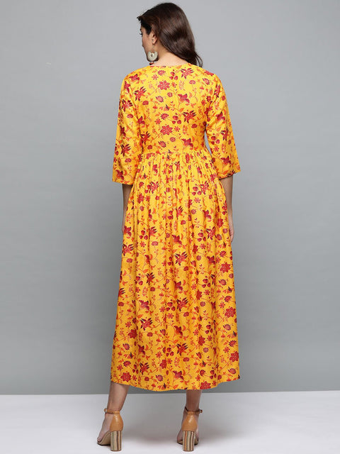Women Mustard Yellow Floral Printed Round Neck A-Line Dress