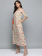 Women Beige Floral Printed Round Neck A-Line Dress