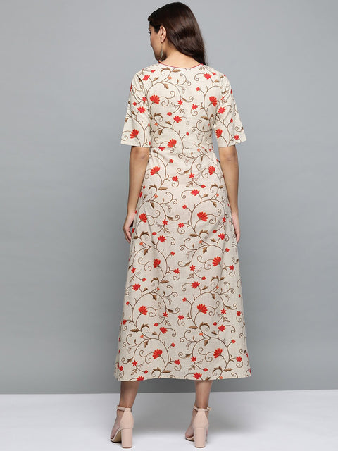 Women Beige Floral Printed Round Neck A-Line Dress