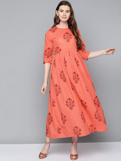 AASI - HOUSE OF NAYO Women Coral Floral Printed Round Neck A-Line Dress