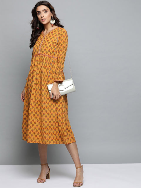 Women Mustard Yellow Floral Printed V-Neck A-Line Dress Nayo Clothing Women Mustard Yellow Floral Printed V-Neck A-Line Dress Nayo Clothing