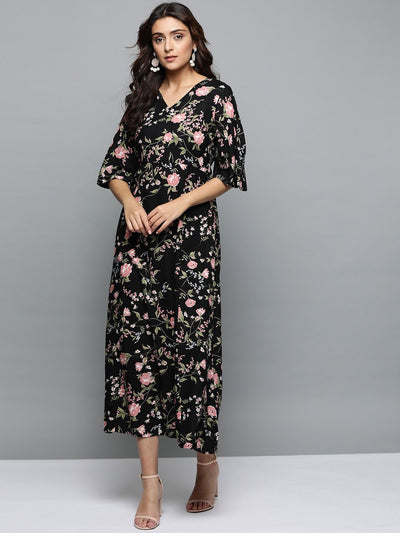 Women Black Floral Printed V-Neck A-Line Dress