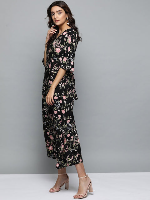 Women Black Floral Printed V-Neck A-Line Dress