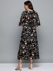 Women Black Floral Printed V-Neck A-Line Dress
