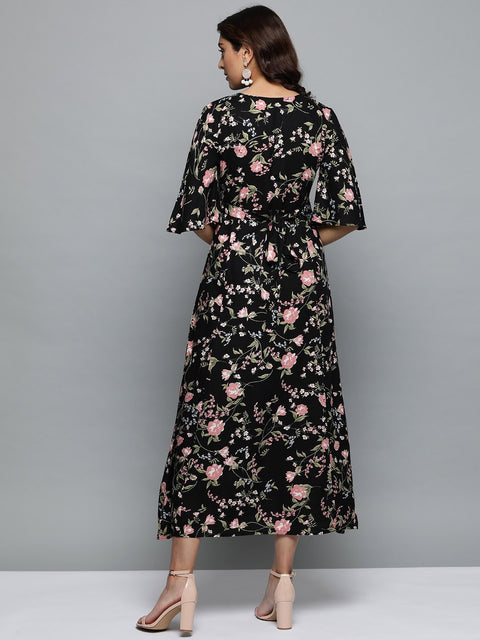 Women Black Floral Printed V-Neck A-Line Dress