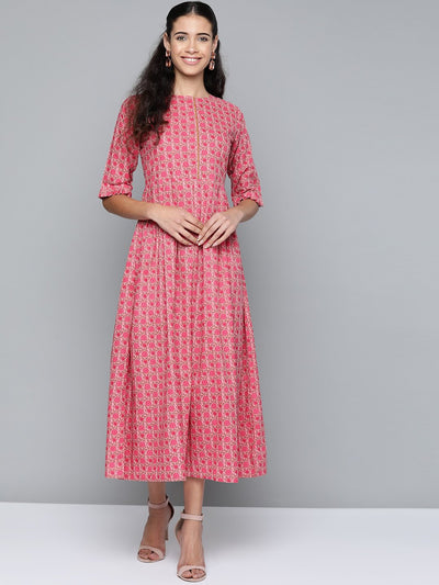 Women Pink Floral Printed Round Neck A-Line Dress