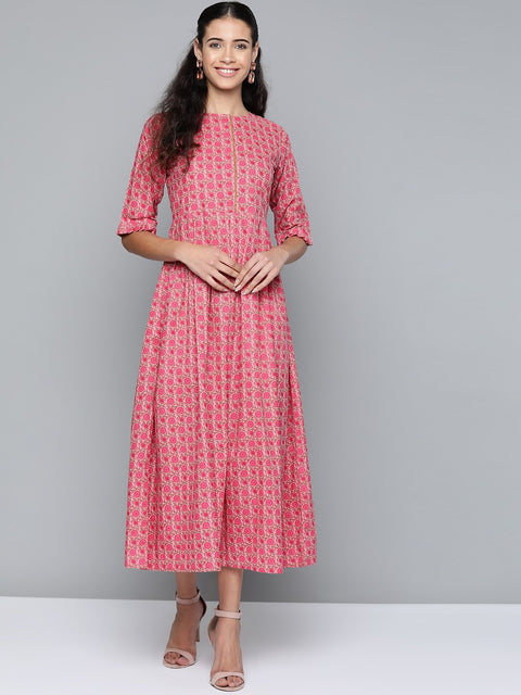 Women Pink Floral Printed Round Neck A-Line Dress