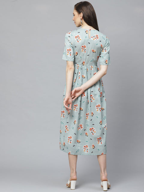 Women Turquoise Blue Floral Printed Round Neck Cotton A-Line Dress