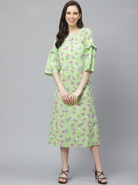 Women Green Floral Printed Round Neck Cotton A-Line Dress