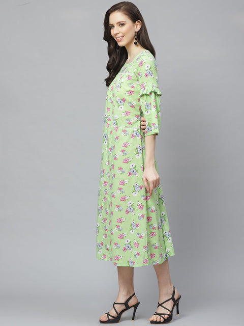 Women Green Floral Printed Round Neck Cotton A-Line Dress