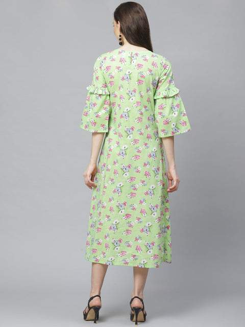 Women Green Floral Printed Round Neck Cotton A-Line Dress
