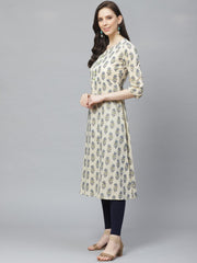 Women Beige Calf Length Three-Quarter Sleeves A-Line Floral Printed Cotton Kurta