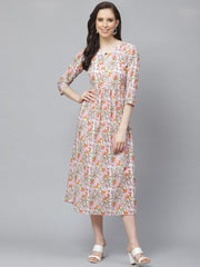 Women White Floral Printed Keyhole Neck Cotton A-Line Dress