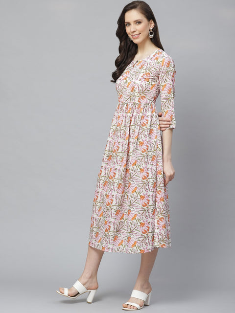 Women White Floral Printed Keyhole Neck Cotton A-Line Dress