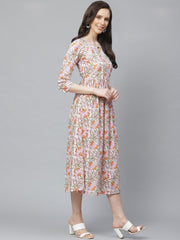 Women White Floral Printed Keyhole Neck Cotton A-Line Dress